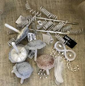 lot 2414 image: Assortment of whitefrosted ornaments and embellishments (owls and mushrooms)