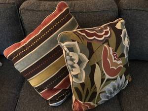 lot 2459 image: Set of pillows--stripped and floral print