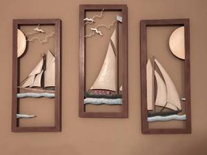 lot 2533 image: Metal Sailboat, Sun and Seagulls Wall Decor--3 panels