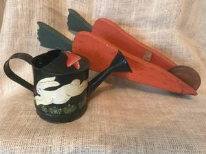 lot 2558 image: Rustic Tin Watering Can and wood carrot cart