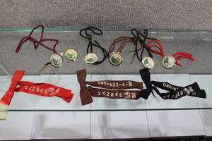 lot 2707 image: Lot of 9 Kansas Centennial Souveneir Ties. 6 Bolo Ties, 3 Clip On Bow Ties from 1961.