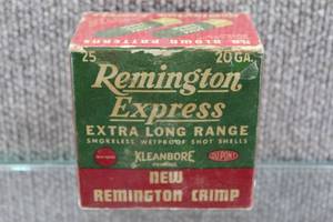 lot 2741 image: Collectible Ammo in Old Box - Remington Express Extra Long Range Smokeless Wetproof Shot Shells 20 Gauge -5 Shells