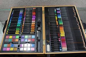 lot 2749 image: Artist Pallette Kit in Wood Carrying Case - Colored Pencils, Watercolors, Pastels, Sketch Pencils & More
