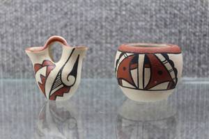 lot 2767 image: Lot of 2 Signed Native American Ceramic Pieces Jemez Miniature Wedding Vase & Bowl