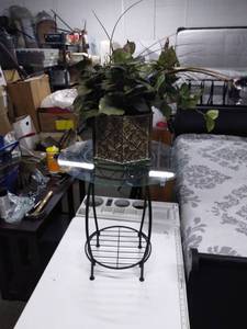 lot 5256 image: Small Glass Top Side Table with Plant