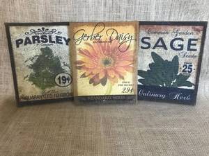 lot 2893 image: Set of Burlap Printed Garden Wall Decor--Gerber Daisy, Parsley, Sage.