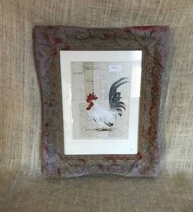 lot 2901 image: Rooster Wall Art with heavy ornate ceramic frame