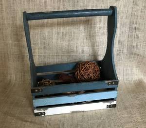 lot 2903 image: Blue Wood CrateBasket with twig balls and other accents