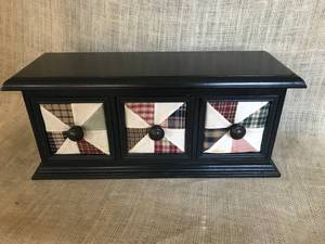 lot 2911 image: Small Wood ShelfCabinet with three patchwork covered drawers