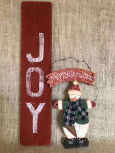 lot 2925 image: Wood Christmas Signs--JOY and Hanging Snowman