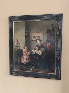 lot 3009 image: Wood Framed Vintage Wall Art--Woman playing with children
