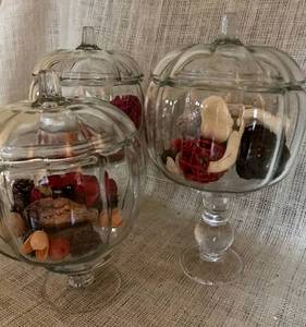 lot 3011 image: Set of 3 large upcycled glass pedestal bowls with lids--great for decor or any eventparty