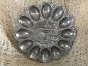 lot 3012 image: Silver devil eggs dish with embossed image of rabbit