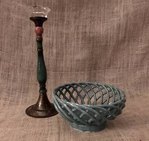 lot 3065 image: Candlestick holder and aqua colored bowl
