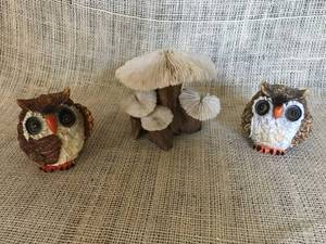 lot 3150 image: Two Small Owls with ceramic mushrooms