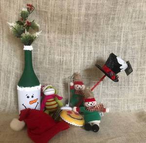 lot 3161 image: Christmas Fun stuff--painted snowman bottle, sock monkey, etc.