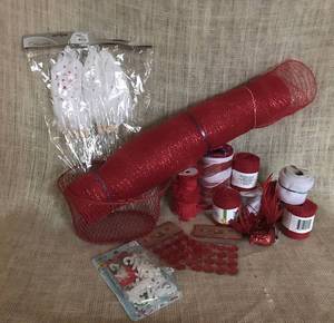 lot 3166 image: Red Ribbon, White Feathers and other holiday crafting goodies