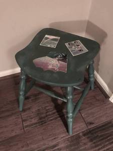 lot 1008 image: Rustic, unique and adorable stool with wine labels--upcycled from an old chair