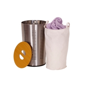 lot 6139 image: Household Essentials Round Stainless Steel Laundry Hamper with Wooden Lid