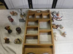 lot 8945 image: Wood Shadow box shelf and mini figurines