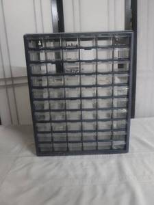 lot 12452 image: Parts bin sorter with contents 3 missing a few bins