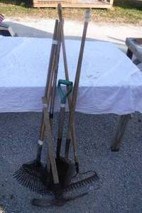 lot 11024 image: Lot of Hand Tools - Pickaxe, Rakes, and Shovels