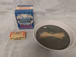 lot 11503 image: Budweiser Tray, Salt & Pepper Shakers, and Coors 1999 Holiday Stein