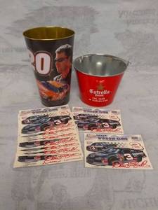 lot 11511 image: Dale Earndhart Window Clings, Nascar Trash Can, and Estrella Beer Bucket