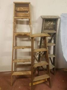 lot 11559 image: Three Vintage Wooden Ladders