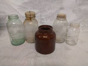 lot 11576 image: For Vintage Mason Jars and a Crock
