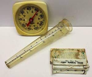 lot 140 image: Vintage Advertising Rain Gauges & Thermometer