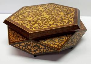 lot 151 image: WOW  Artistically Inspired Vintage Wood Inlay Hexagon Mirror Music Box  Reuge