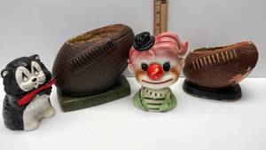 lot 162 image: Rare Vintage Caffco Clown Head Vase & 1960s Ceramic Pottery Football PlanterPencil Holder