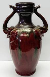 lot 164 image: Beautiful Vintage Large Drip Glaze Vase  Double Elephant Head Handles  Signed