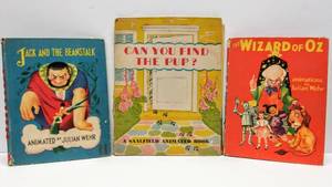 lot 214 image: 1944 & 45 Saalfield Publishing Spiral Binding, Movable Books  Wizard of Oz, Jack & the Beanstalk & Can you Find the Pup
