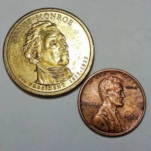 lot 249 image: Presidential Series James Monroe 5th President $1 Coin & 1952 D Wheat Penny