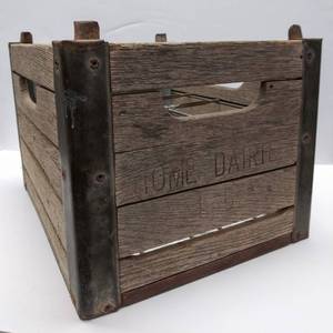 lot 19 image: Vintage Wood and Metal Milk Crate with Advertisement