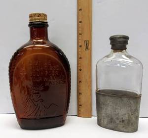lot 244 image: Antique Pewter and Glass Hip Flask With Bonus Old Log Cabin Bottle