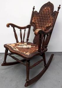 lot 84 image: Antique Wooden Rocking Chair  Appears to be Leather Seat & Back with Studs