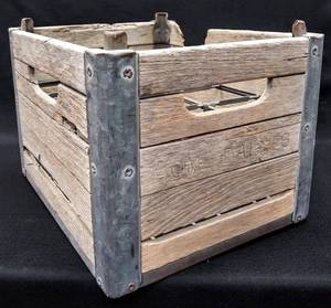 lot 28 image: Vintage Wood and Metal Milk Crate with Advertisement