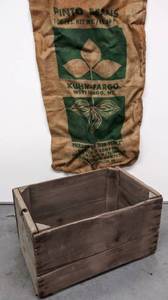 lot 30 image: Vintage Wood Crate & Old Pinto Bean Bag From Kansas City, MO