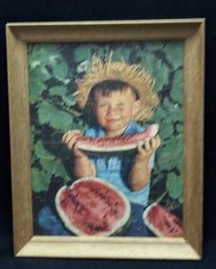 lot 299 image: Adorable Framed Puzzle  Little Boy Eating Watermelon