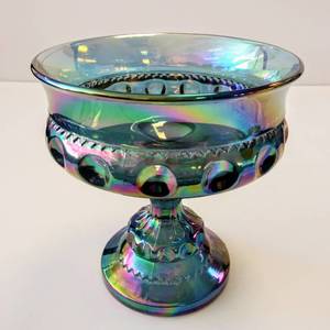 lot 321 image: Iridescent Blue Carnival Glass Kings Crown Pedestal Bowl