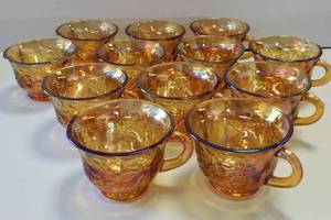 lot 337 image: Carnival Glass Punch Bowl Cups  Gold HarvestGrape Leaf Pattern  Set of 12
