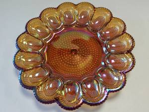 lot 338 image: Relish  Deviled Egg Plate  Hobnail Amber Carnival Glass