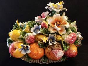 lot 70 image: Large Porcelain Capodimonte Made in Italy Mixed Flower Arrangement in Basket  Nearly 20 lbs