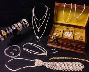 lot 5942 image: Gorgeous Vintage Jewelry  Watches & More In Wood Jewelry Box