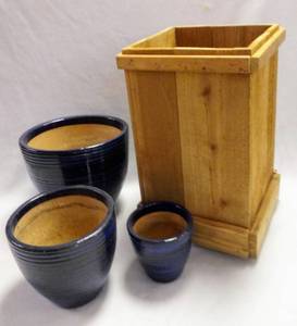 lot 5835 image: 24 Tall Wood Planter with 3 Matching Blue Planters