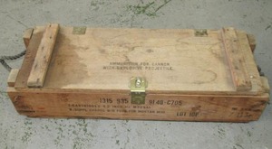 lot 5869 image: Vintage Ammunition Wood Storage Box with Rope Handles