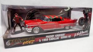 lot 5967 image: Jada Toys Hollywood Rides  Nightmare on Elms Street Freddy Krueger & 1958 Cadillac - Series 62